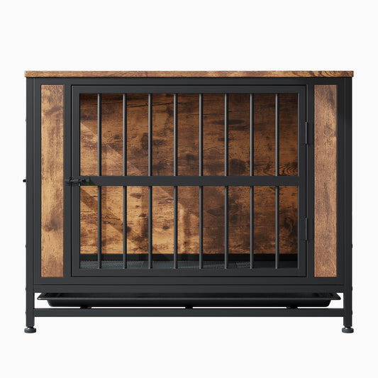 Dog Crate Furniture, Wooden Dog Crate Table, 32.8" Dog Kennel with 2 Sliding Doors and Thick Iron Door Frame, Decorative Pet Crate House for Medium/Small Dog Indoor Use(Rustic Brown)