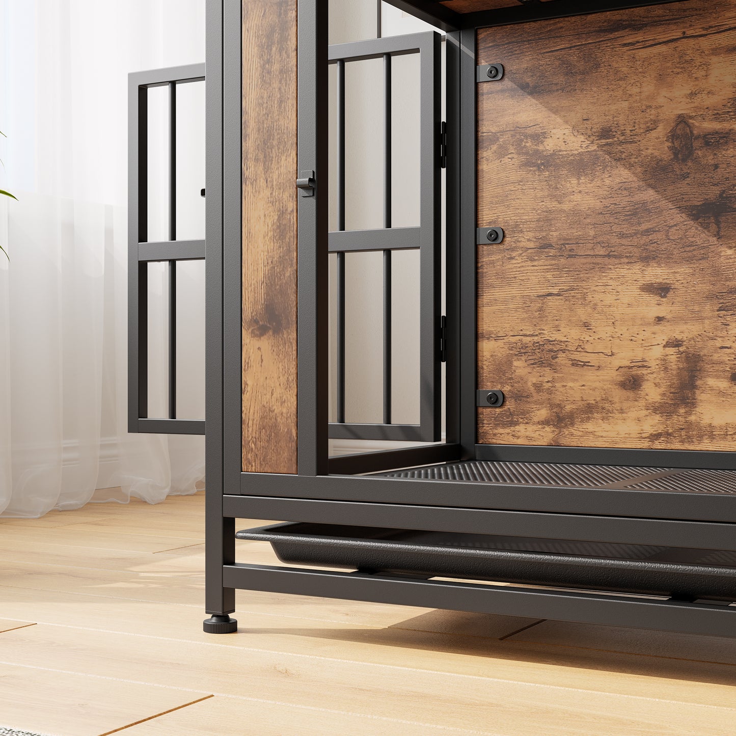 Dog Crate Furniture, Wooden Dog Crate Table, 32.8" Dog Kennel with 2 Sliding Doors and Thick Iron Door Frame, Decorative Pet Crate House for Medium/Small Dog Indoor Use(Rustic Brown)