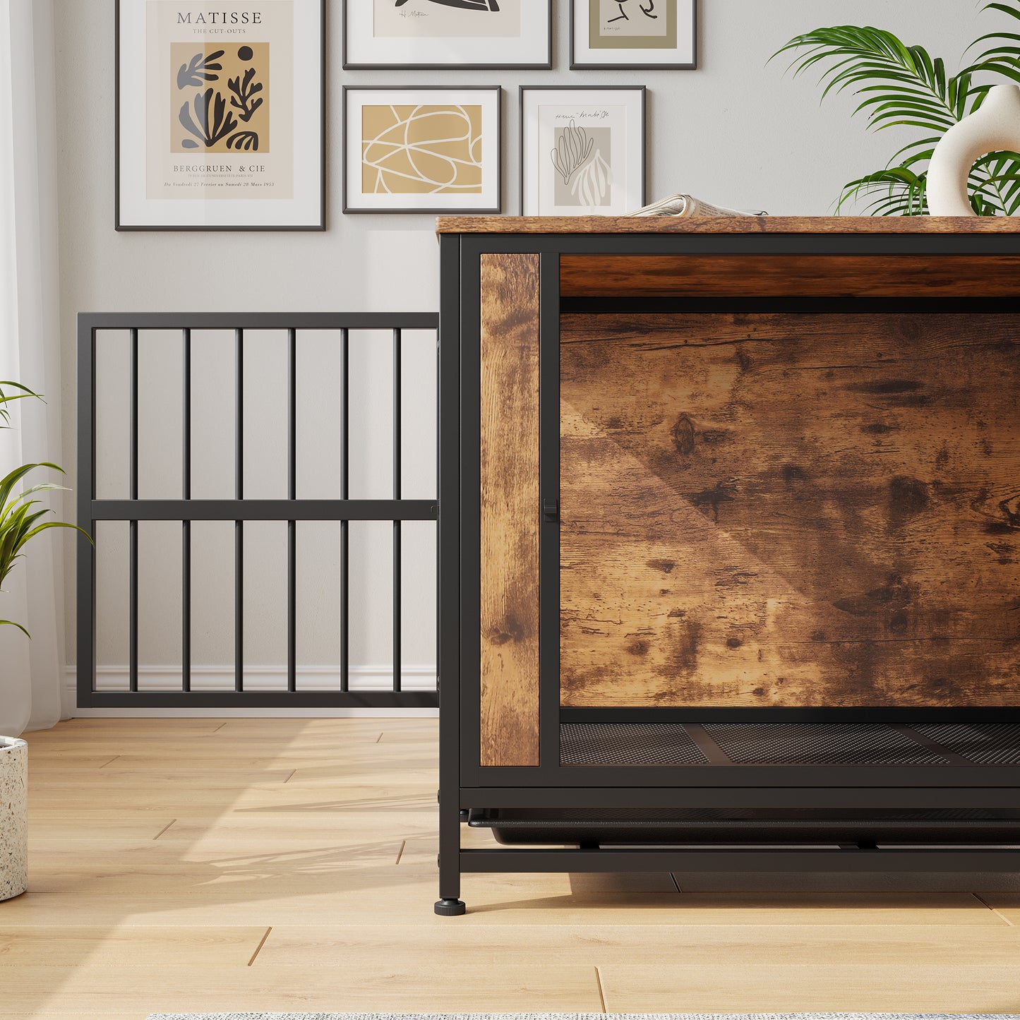 Dog Crate Furniture, Wooden Dog Crate Table, 32.8" Dog Kennel with 2 Sliding Doors and Thick Iron Door Frame, Decorative Pet Crate House for Medium/Small Dog Indoor Use(Rustic Brown)