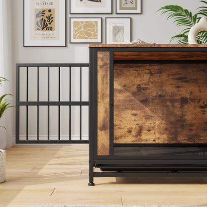 Dog Crate Furniture, Wooden Dog Crate Table, 32.8" Dog Kennel with 2 Sliding Doors and Thick Iron Door Frame, Decorative Pet Crate House for Medium/Small Dog Indoor Use(Rustic Brown)