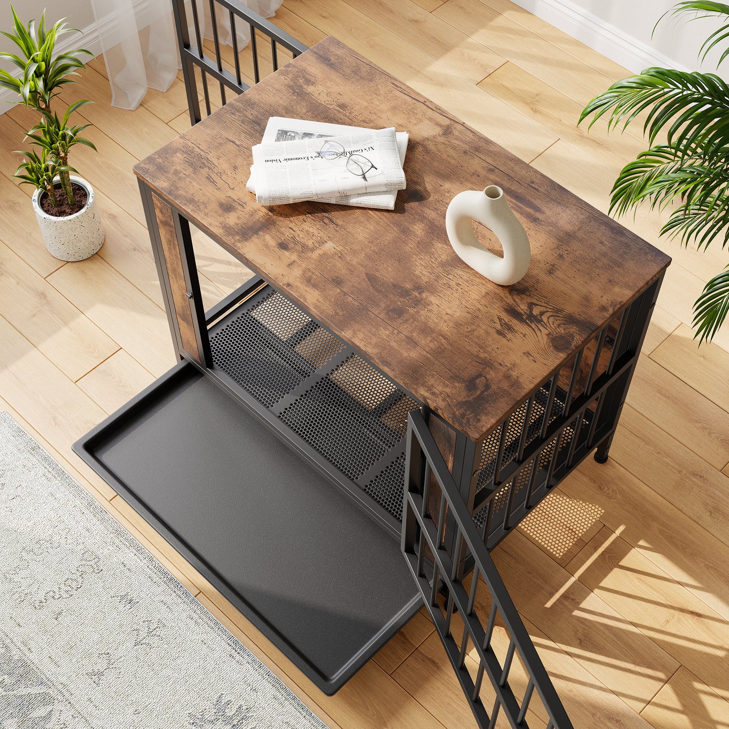 Dog Crate Furniture, Wooden Dog Crate Table, 32.8" Dog Kennel with 2 Sliding Doors and Thick Iron Door Frame, Decorative Pet Crate House for Medium/Small Dog Indoor Use(Rustic Brown)