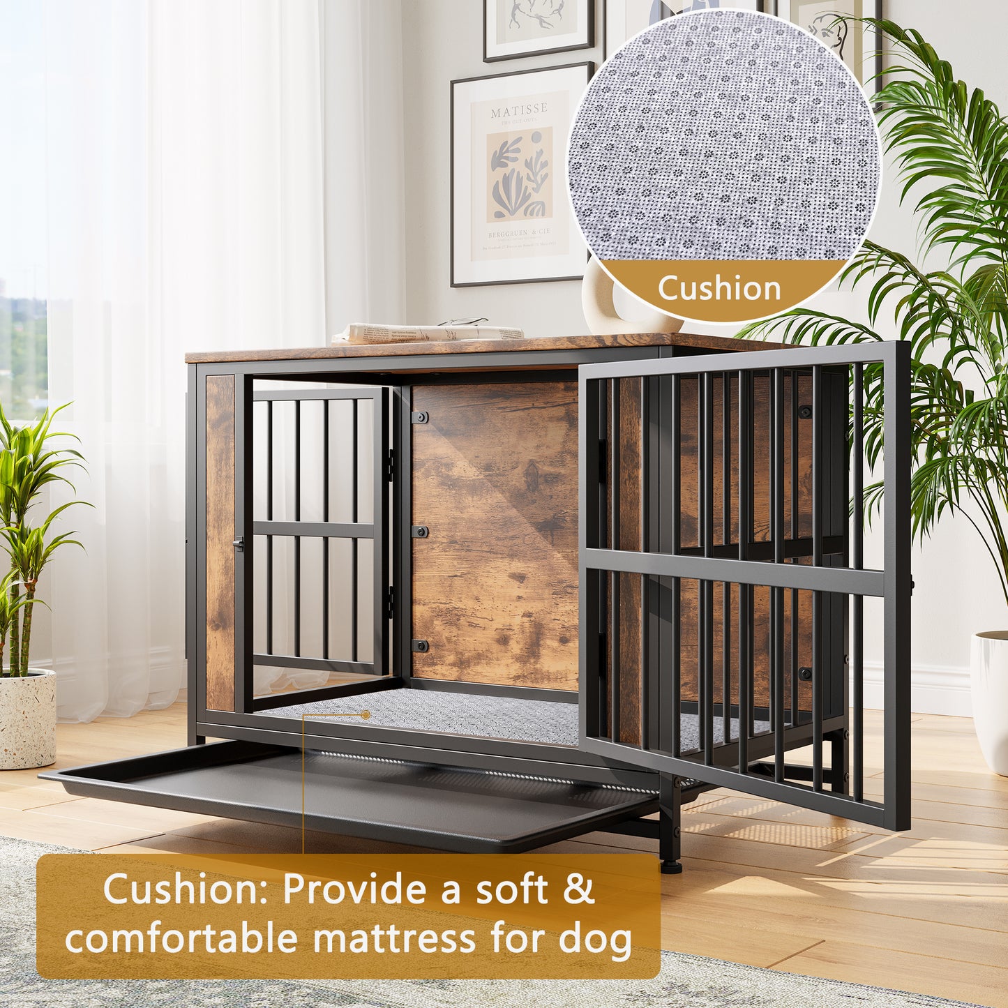 Dog Crate Furniture, Wooden Dog Crate Table, 32.8" Dog Kennel with 2 Sliding Doors and Thick Iron Door Frame, Decorative Pet Crate House for Medium/Small Dog Indoor Use(Rustic Brown)