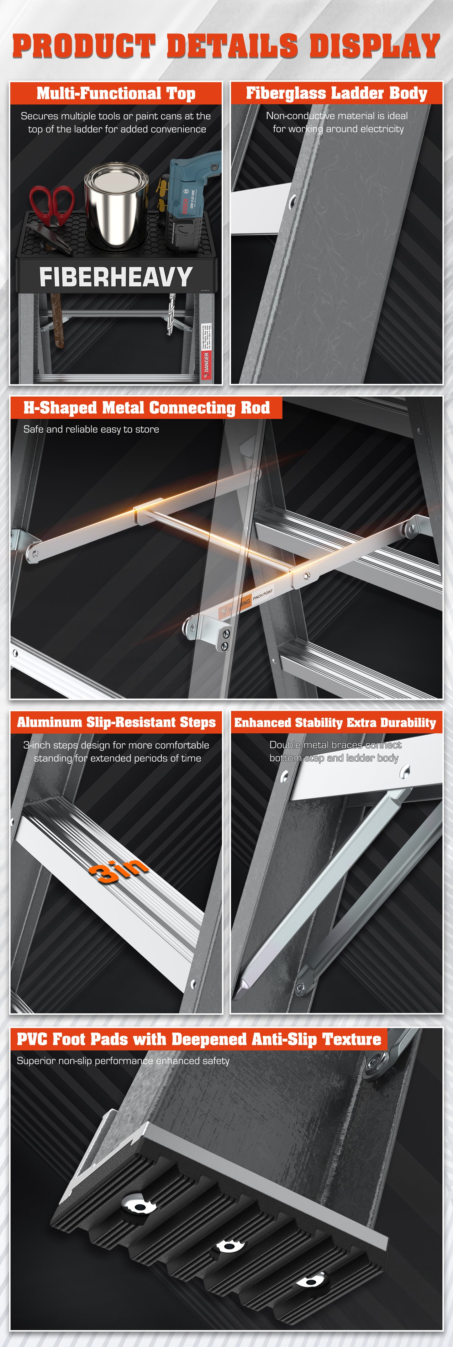 Fiberglass Step Ladder 4-Step 250lbs Gray