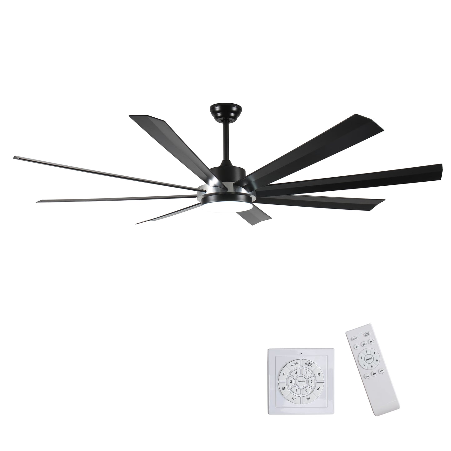 72 Inch Industrial DC Motor Ceiling Fan with light, Large Ceiling Fan with 8 Reversible Blades, 3 Downrods, 6-Speed Remote Control, Home or Commercial Ceiling Fans for Porch/Garage/Shop, Black