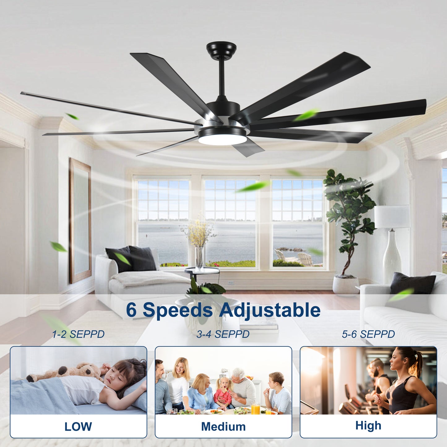 72 Inch Industrial DC Motor Ceiling Fan with light, Large Ceiling Fan with 8 Reversible Blades, 3 Downrods, 6-Speed Remote Control, Home or Commercial Ceiling Fans for Porch/Garage/Shop, Black