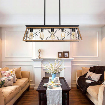 32" Walnut Industrial 5-Light Pendant Chandelier, Modern Metal Cage Design, Adjustable Hanging Light for Dining Room, Kitchen, Living Room