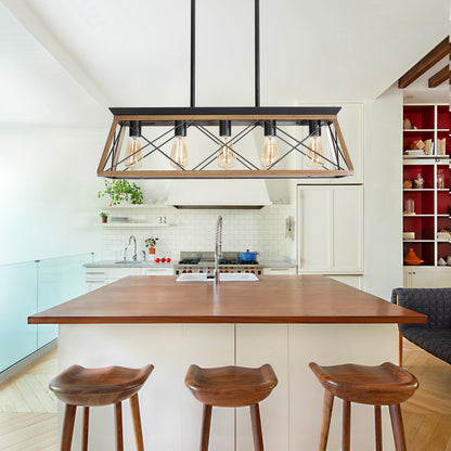32" Walnut Industrial 5-Light Pendant Chandelier, Modern Metal Cage Design, Adjustable Hanging Light for Dining Room, Kitchen, Living Room