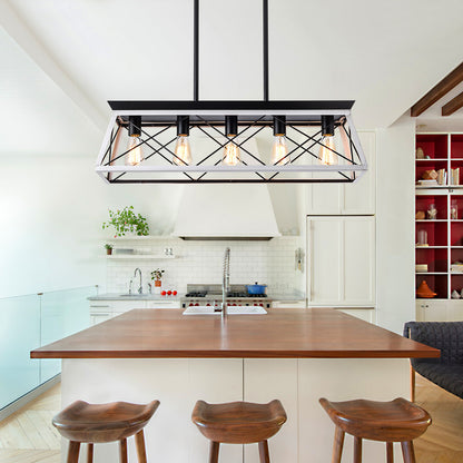 32" Black White Industrial 5-Light Pendant Chandelier, Modern Metal Cage Design, Adjustable Hanging Light for Dining Room, Kitchen, Living Room
