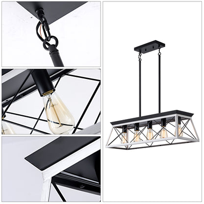 32" Black White Industrial 5-Light Pendant Chandelier, Modern Metal Cage Design, Adjustable Hanging Light for Dining Room, Kitchen, Living Room