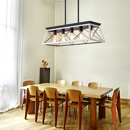32" Black White Industrial 5-Light Pendant Chandelier, Modern Metal Cage Design, Adjustable Hanging Light for Dining Room, Kitchen, Living Room