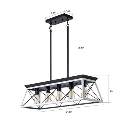 32" Black White Industrial 5-Light Pendant Chandelier, Modern Metal Cage Design, Adjustable Hanging Light for Dining Room, Kitchen, Living Room