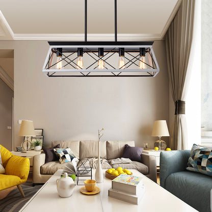 32" Black White Industrial 5-Light Pendant Chandelier, Modern Metal Cage Design, Adjustable Hanging Light for Dining Room, Kitchen, Living Room