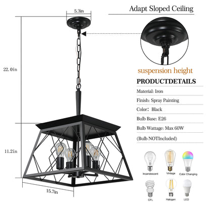 16" Black Industrial 4-Light Pendant Chandelier, Modern Metal Cage Design, Adjustable Hanging Light for Dining Room, Kitchen, Living Room