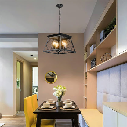 16" Black Industrial 4-Light Pendant Chandelier, Modern Metal Cage Design, Adjustable Hanging Light for Dining Room, Kitchen, Living Room