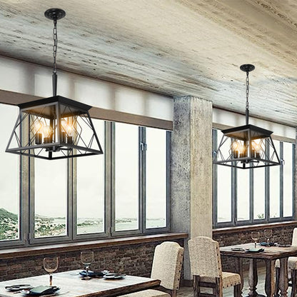 16" Black Industrial 4-Light Pendant Chandelier, Modern Metal Cage Design, Adjustable Hanging Light for Dining Room, Kitchen, Living Room