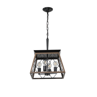 16" Walnut Industrial 4-Light Pendant Chandelier, Modern Metal Cage Design, Adjustable Hanging Light for Dining Room, Kitchen, Living Room
