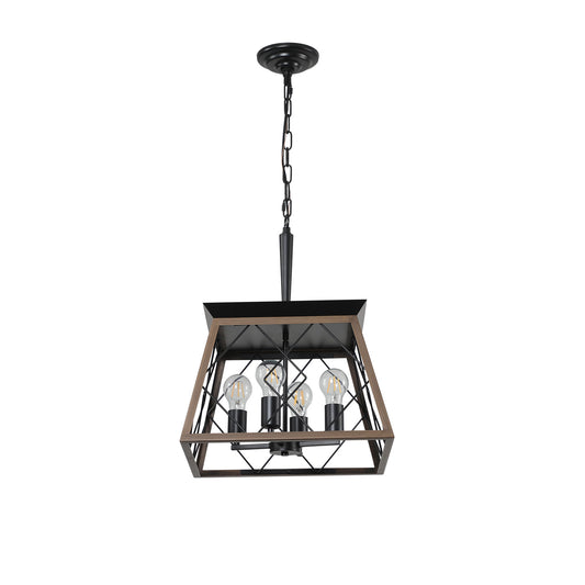 16" Walnut Industrial 4-Light Pendant Chandelier, Modern Metal Cage Design, Adjustable Hanging Light for Dining Room, Kitchen, Living Room