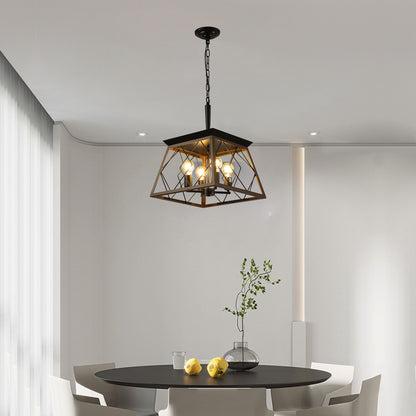 16" Walnut Industrial 4-Light Pendant Chandelier, Modern Metal Cage Design, Adjustable Hanging Light for Dining Room, Kitchen, Living Room