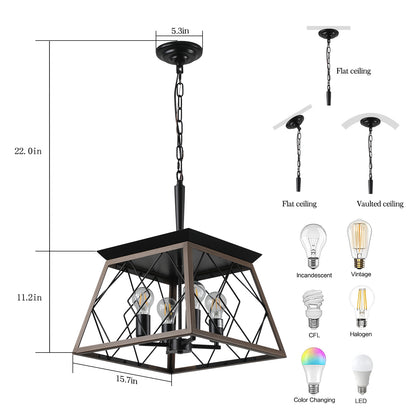 16" Walnut Industrial 4-Light Pendant Chandelier, Modern Metal Cage Design, Adjustable Hanging Light for Dining Room, Kitchen, Living Room