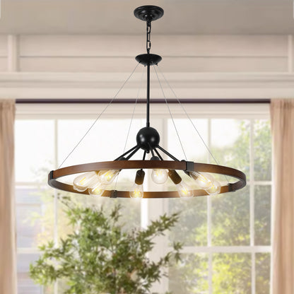 32" Rustic Industrial Chandelier, 8-Light Farmhouse Pendant Lighting Fixture with Metal and Wood Finish, Adjustable Chain for Dining Room, Kitchen, or Living Room