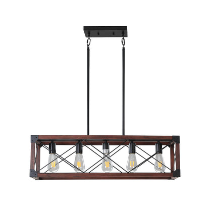 32" Red Wood Industrial Farmhouse Rectangle Pendant Light, 5-Light Chandelier for Dining Room, Kitchen Island, Cafe Decor (No Bulbs)