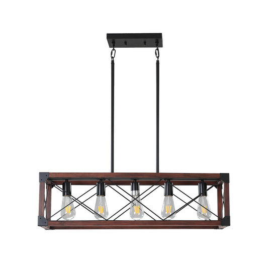 32" Red Wood Industrial Farmhouse Rectangle Pendant Light, 5-Light Chandelier for Dining Room, Kitchen Island, Cafe Decor (No Bulbs)