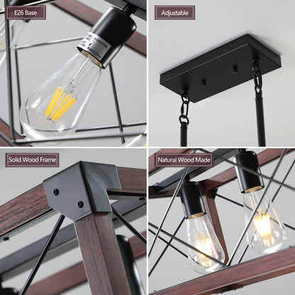 32" Red Wood Industrial Farmhouse Rectangle Pendant Light, 5-Light Chandelier for Dining Room, Kitchen Island, Cafe Decor (No Bulbs)