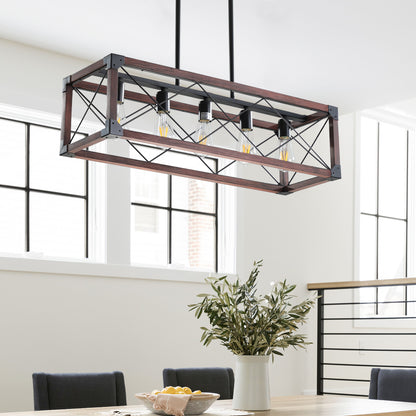32" Red Wood Industrial Farmhouse Rectangle Pendant Light, 5-Light Chandelier for Dining Room, Kitchen Island, Cafe Decor (No Bulbs)
