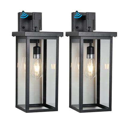 20"(H) Set of 2 Modern Outdoor Wall Lanterns with Black Metal Frame and Clear Glass, Ambient Light Sensors,Weatherproof Wall Sconces for Porch, Garage, or Entryway Lighting, E26 Bulb Compatible
