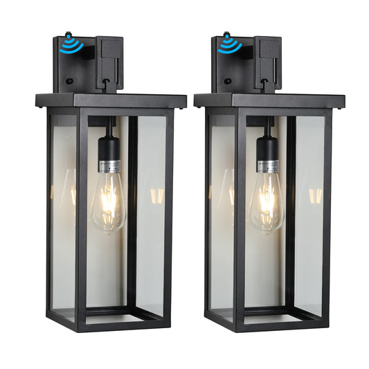 20"(H) Set of 2 Modern Outdoor Wall Lanterns with Black Metal Frame and Clear Glass, Ambient Light Sensors,Weatherproof Wall Sconces for Porch, Garage, or Entryway Lighting, E26 Bulb Compatible