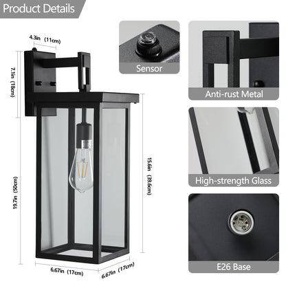 20"(H) Set of 2 Modern Outdoor Wall Lanterns with Black Metal Frame and Clear Glass, Ambient Light Sensors,Weatherproof Wall Sconces for Porch, Garage, or Entryway Lighting, E26 Bulb Compatible