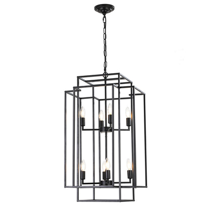 18" Modern 8-Light Black Geometric Pendant Chandelier, Industrial Metal Frame, Adjustable Hanging Light for Living Room, Dining Room, Kitchen (No Bulbs)