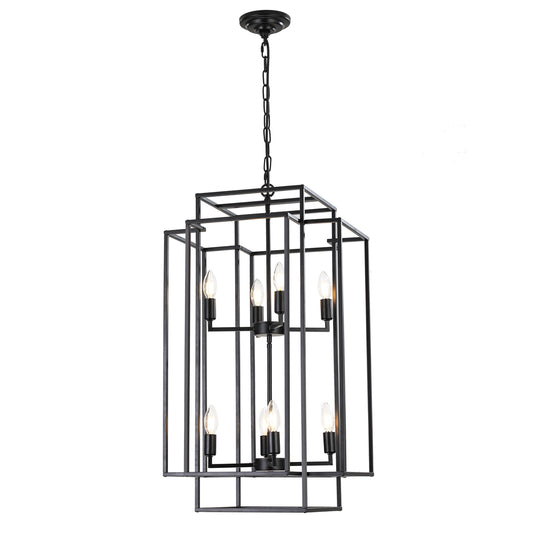 18" Modern 8-Light Black Geometric Pendant Chandelier, Industrial Metal Frame, Adjustable Hanging Light for Living Room, Dining Room, Kitchen (No Bulbs)