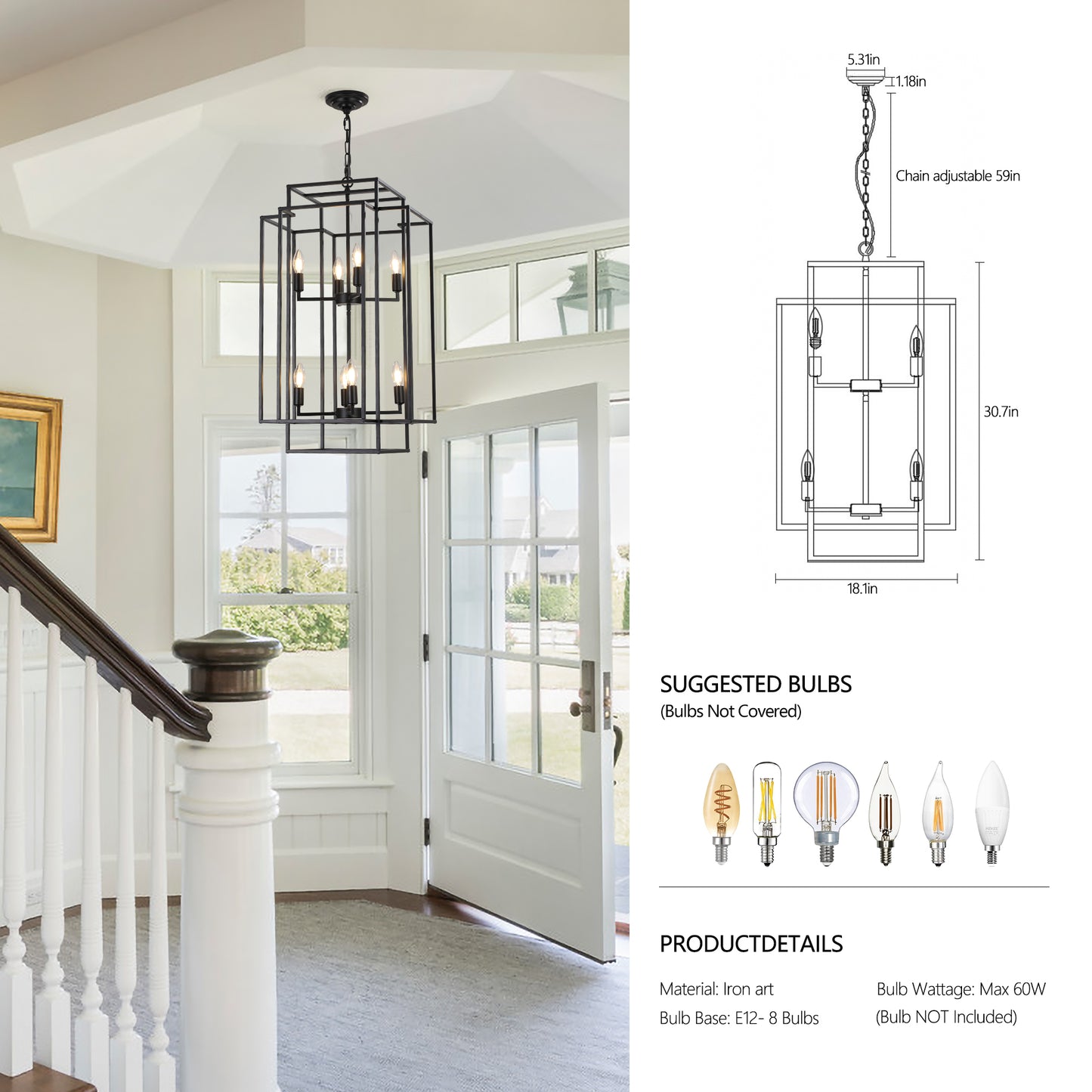 18" Modern 8-Light Black Geometric Pendant Chandelier, Industrial Metal Frame, Adjustable Hanging Light for Living Room, Dining Room, Kitchen (No Bulbs)
