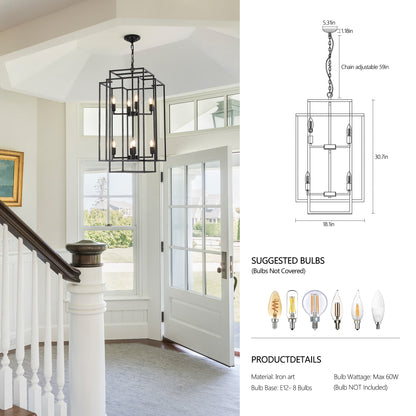 18" Modern 8-Light Black Geometric Pendant Chandelier, Industrial Metal Frame, Adjustable Hanging Light for Living Room, Dining Room, Kitchen (No Bulbs)