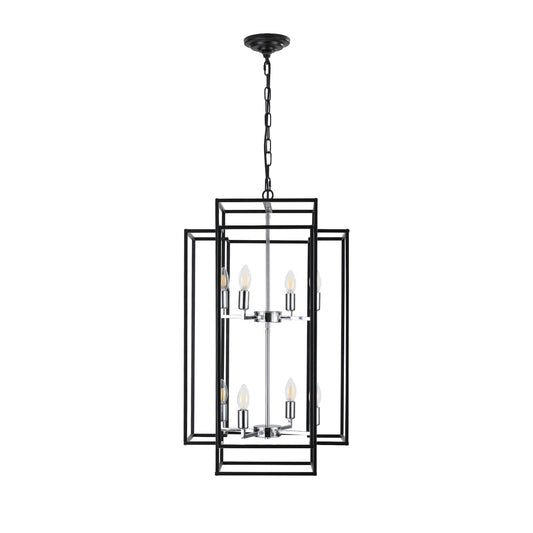 18" Modern 8-Light Black & Chrome Geometric Pendant Chandelier, Industrial Metal Frame, Adjustable Hanging Light for Living Room, Dining Room, Kitchen (No Bulbs)