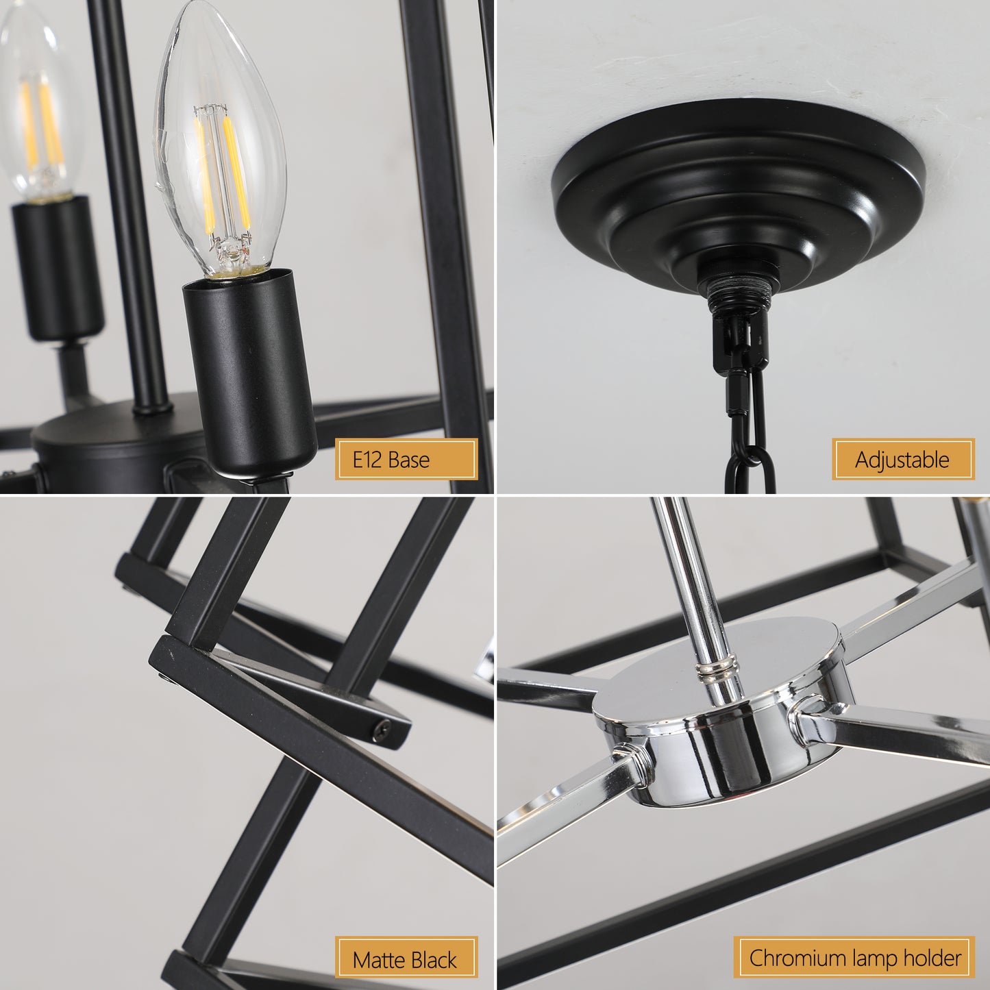 18" Modern 8-Light Black & Chrome Geometric Pendant Chandelier, Industrial Metal Frame, Adjustable Hanging Light for Living Room, Dining Room, Kitchen (No Bulbs)