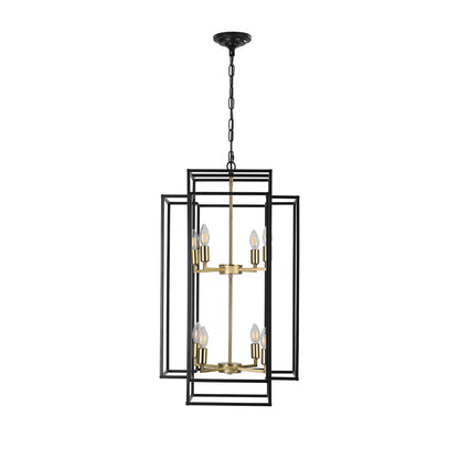 18" Modern 8-Light Black Gold Geometric Pendant Chandelier, Industrial Metal Frame, Adjustable Hanging Light for Living Room, Dining Room, Kitchen (No Bulbs)