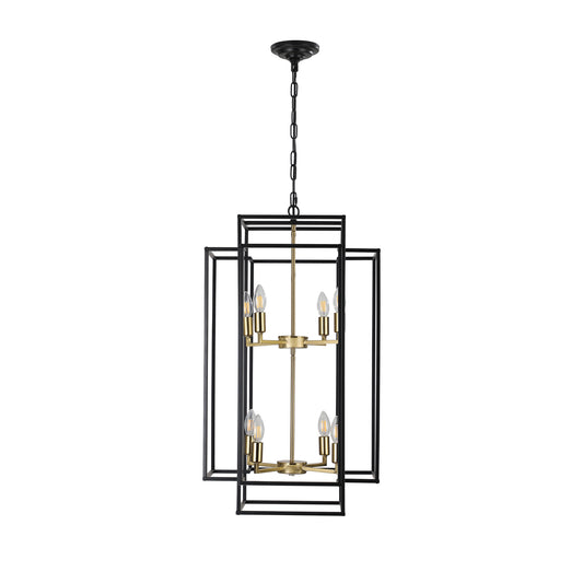 18" Modern 8-Light Black Gold Geometric Pendant Chandelier, Industrial Metal Frame, Adjustable Hanging Light for Living Room, Dining Room, Kitchen (No Bulbs)