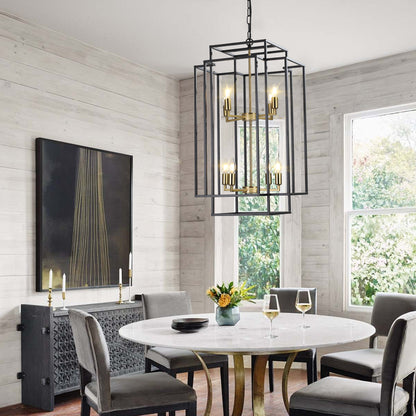 18" Modern 8-Light Black Gold Geometric Pendant Chandelier, Industrial Metal Frame, Adjustable Hanging Light for Living Room, Dining Room, Kitchen (No Bulbs)