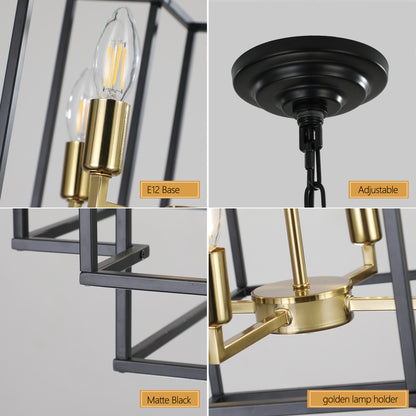 18" Modern 8-Light Black Gold Geometric Pendant Chandelier, Industrial Metal Frame, Adjustable Hanging Light for Living Room, Dining Room, Kitchen (No Bulbs)