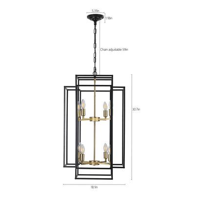 18" Modern 8-Light Black Gold Geometric Pendant Chandelier, Industrial Metal Frame, Adjustable Hanging Light for Living Room, Dining Room, Kitchen (No Bulbs)