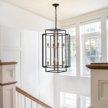 18" Modern 8-Light Black Gold Geometric Pendant Chandelier, Industrial Metal Frame, Adjustable Hanging Light for Living Room, Dining Room, Kitchen (No Bulbs)