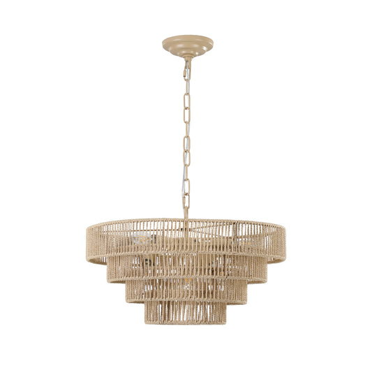 20" Modern 4-Layer Woven Hemp Rope Chandelier, Boho Style Pendant Light, Elegant Hanging Light Fixture for Living Room, Dining Room, Bedroom (No Bulbs)