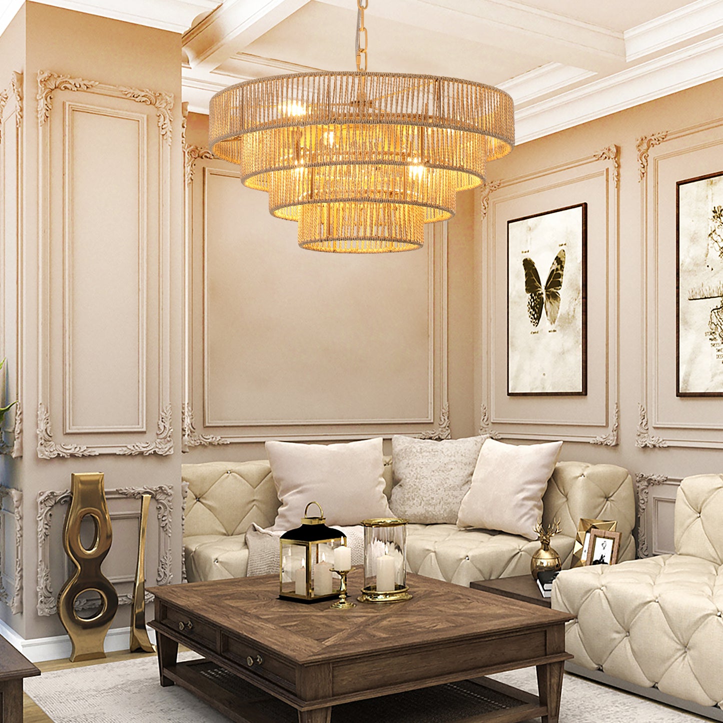 20" Modern 4-Layer Woven Hemp Rope Chandelier, Boho Style Pendant Light, Elegant Hanging Light Fixture for Living Room, Dining Room, Bedroom (No Bulbs)