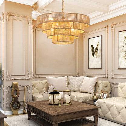 20" Modern 4-Layer Woven Hemp Rope Chandelier, Boho Style Pendant Light, Elegant Hanging Light Fixture for Living Room, Dining Room, Bedroom (No Bulbs)