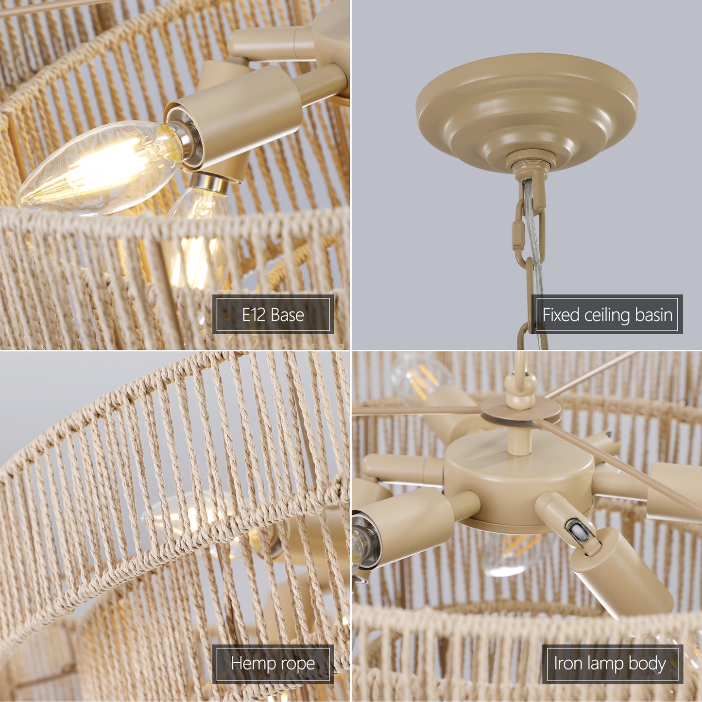 20" Modern 4-Layer Woven Hemp Rope Chandelier, Boho Style Pendant Light, Elegant Hanging Light Fixture for Living Room, Dining Room, Bedroom (No Bulbs)