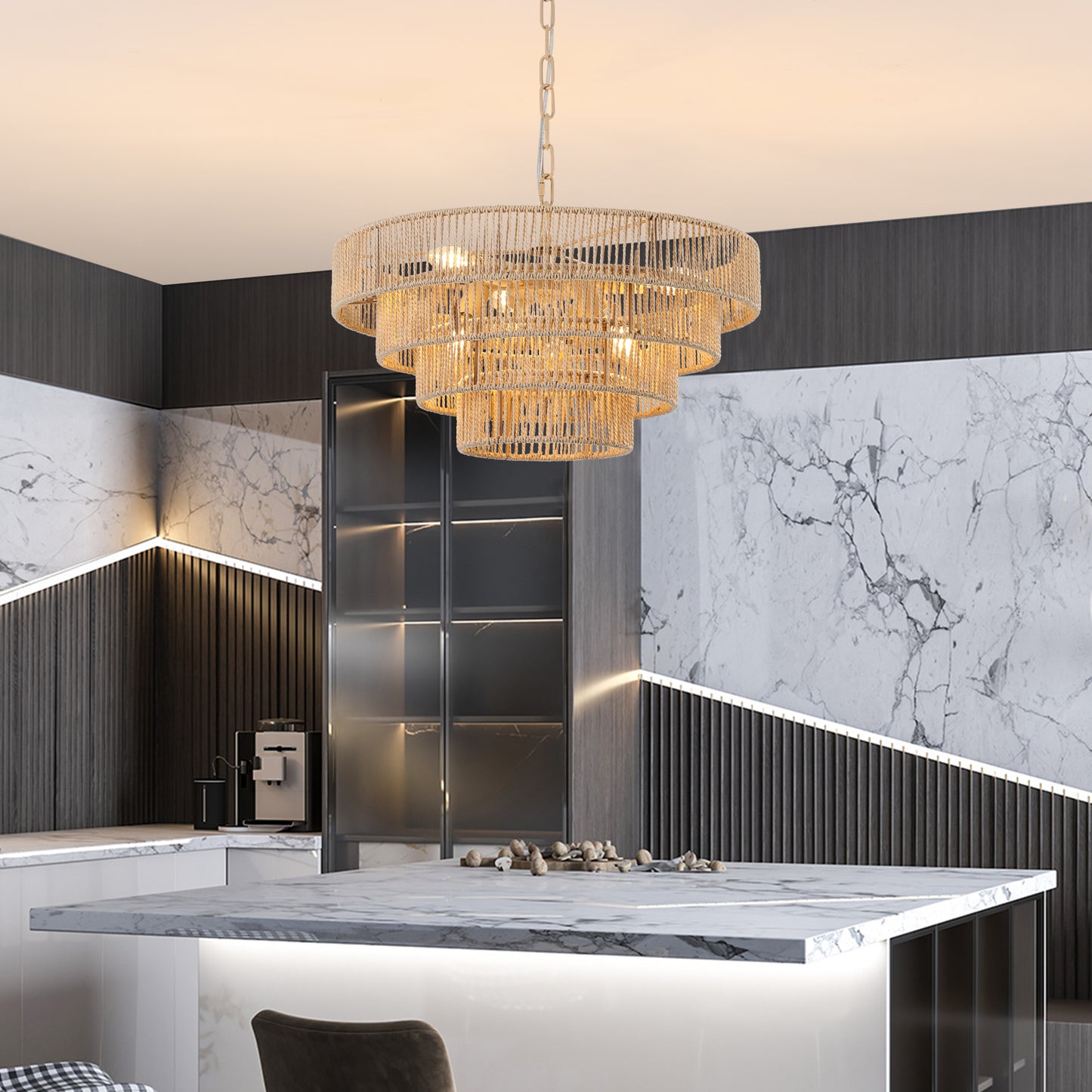 20" Modern 4-Layer Woven Hemp Rope Chandelier, Boho Style Pendant Light, Elegant Hanging Light Fixture for Living Room, Dining Room, Bedroom (No Bulbs)