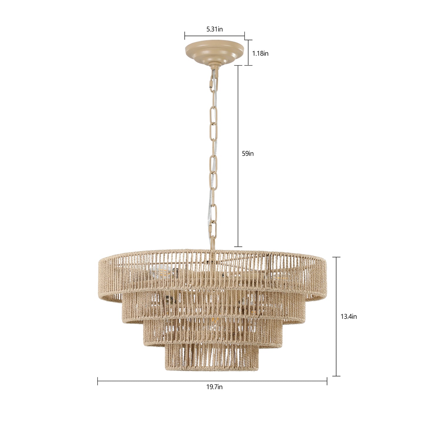 20" Modern 4-Layer Woven Hemp Rope Chandelier, Boho Style Pendant Light, Elegant Hanging Light Fixture for Living Room, Dining Room, Bedroom (No Bulbs)