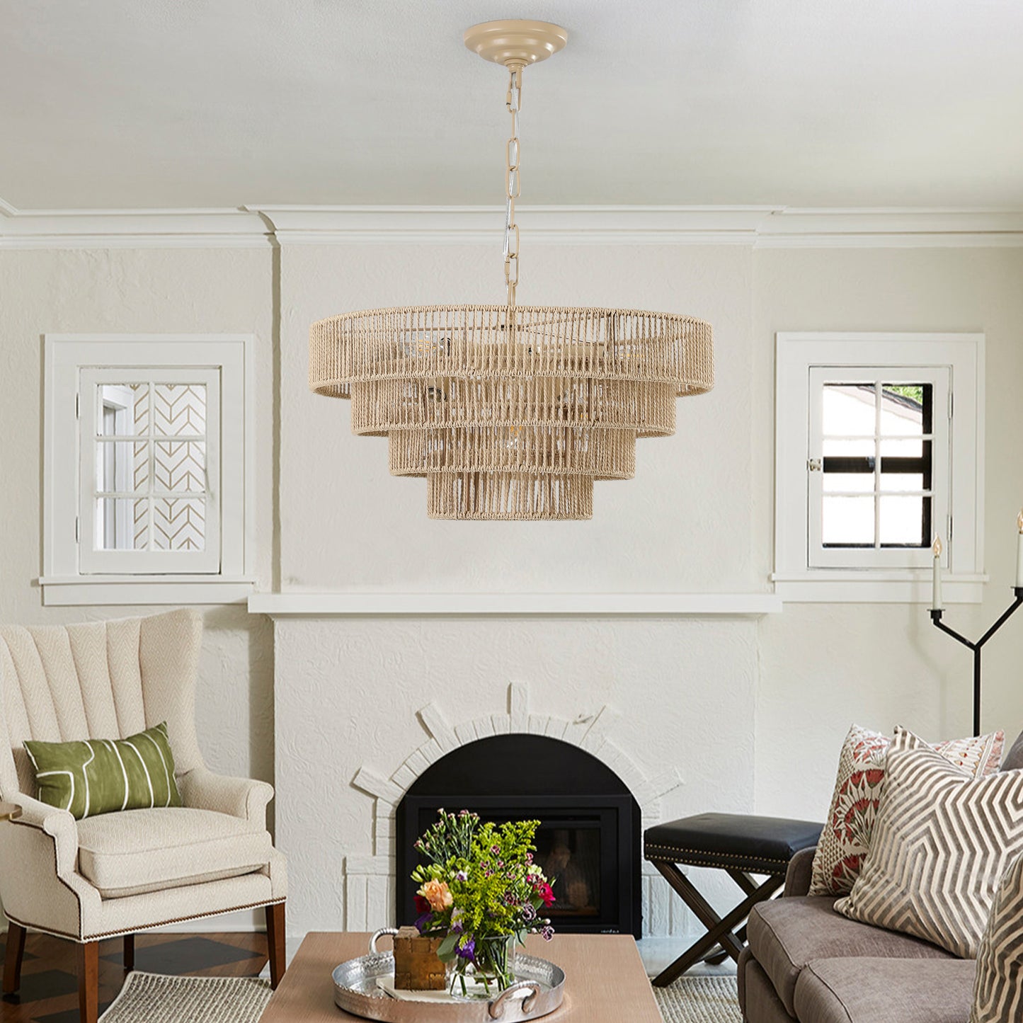 20" Modern 4-Layer Woven Hemp Rope Chandelier, Boho Style Pendant Light, Elegant Hanging Light Fixture for Living Room, Dining Room, Bedroom (No Bulbs)